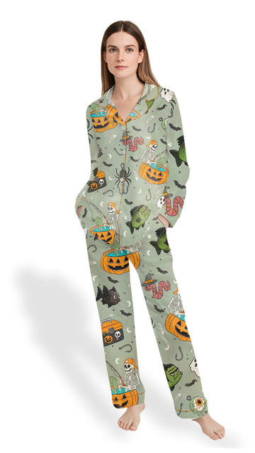 Halloween Fishing Skeleton Pajamas, Women’s Satin Long Sleeve PJ Set