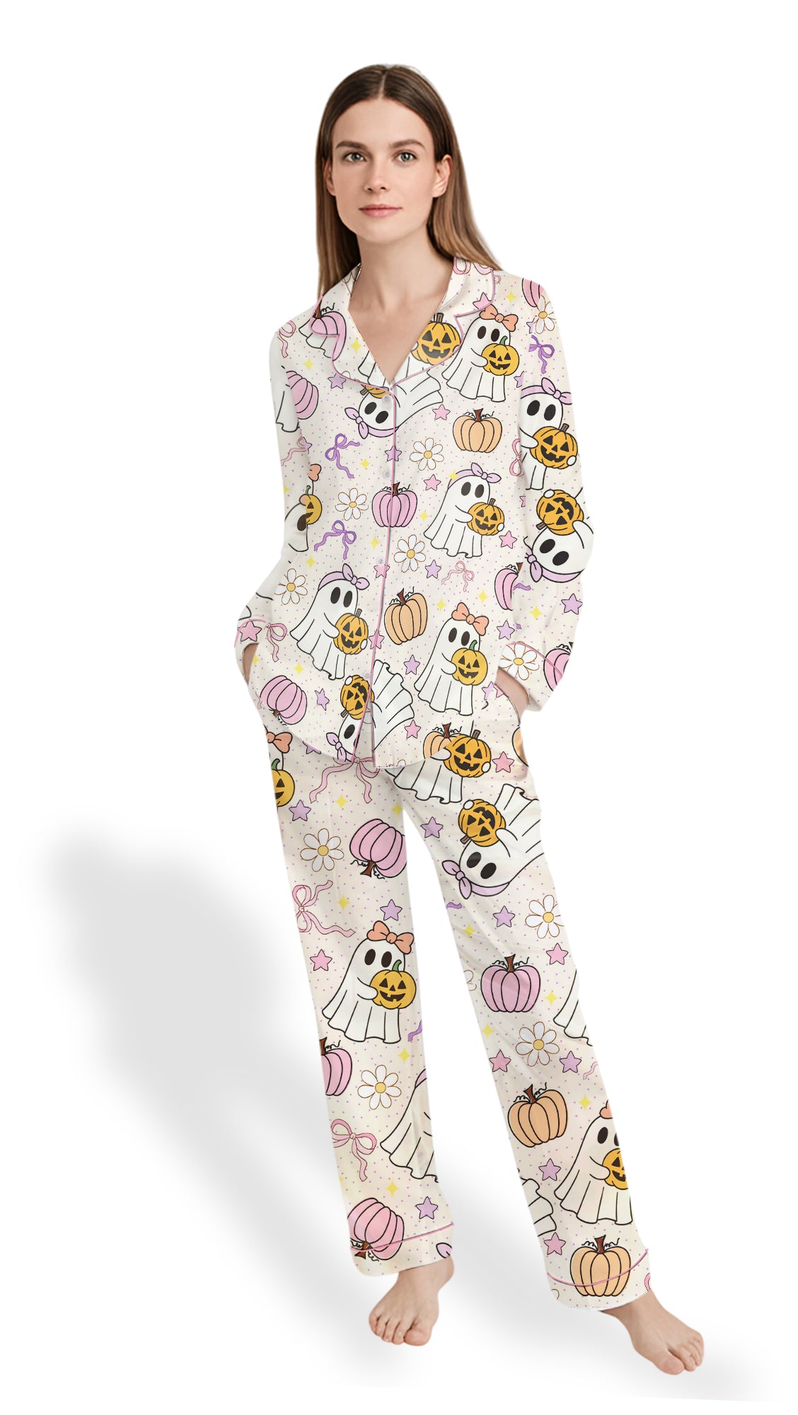 Women’s Halloween Pajama Set – Cute Ghosts & Pumpkins Satin PJs