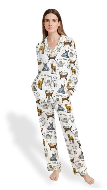 Women’s Baby Jesus Christmas Satin Pajama Set – Manger & Animals PJs