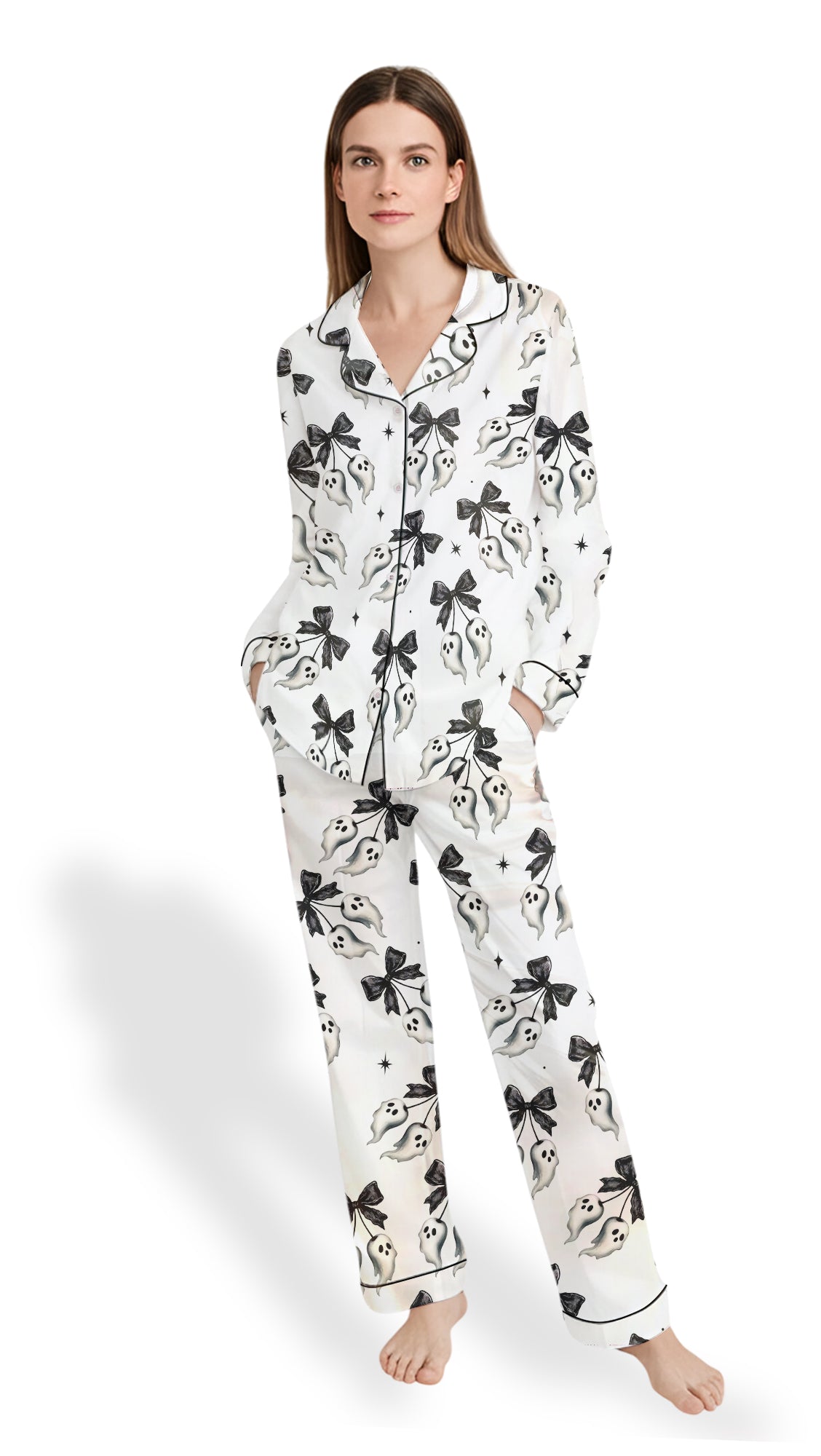 Black Lace Ghost & Star Satin Pajama Set – Halloween PJs