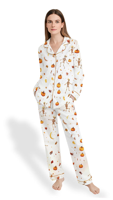Dancing Skeleton Satin Pajama Set – Boho Fall Halloween PJs