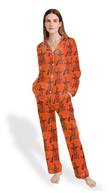 Yes I Can Drive A Stick Pajama Set – Women’s Halloween Witch Long Sleeve Satin PJs