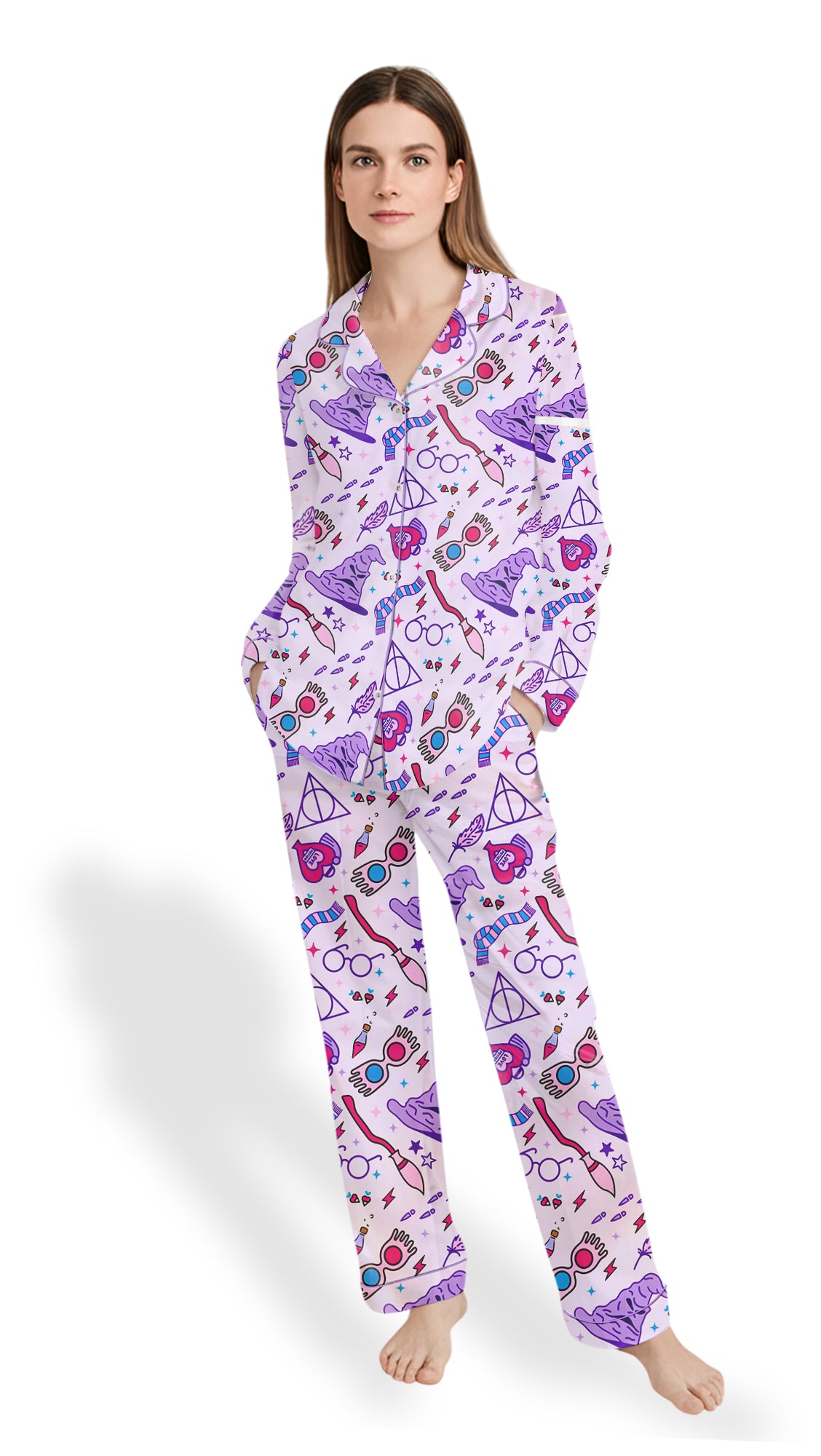 Women’s Witch Halloween Satin Pajama Set – Long Sleeve Spooky PJs