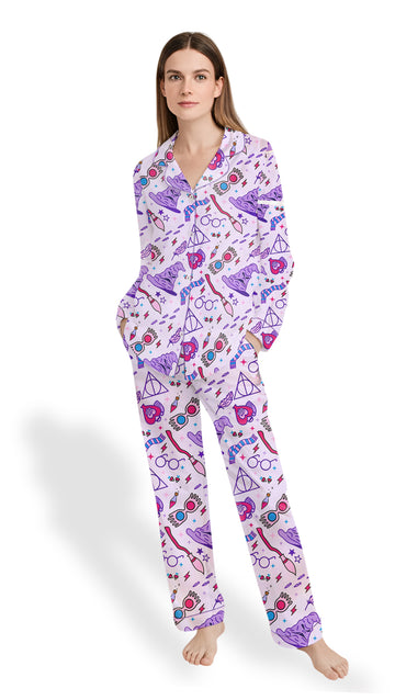 Women’s Witch Halloween Satin Pajama Set – Long Sleeve Spooky PJs