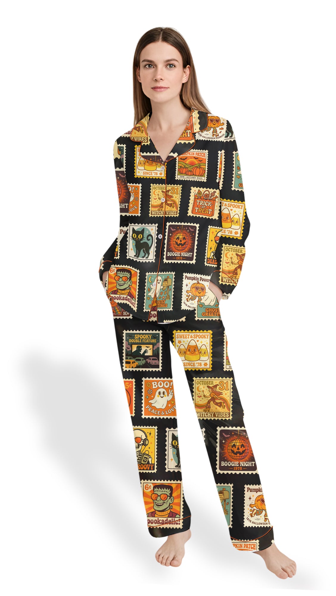 Women’s Vintage Halloween Satin Pajama Set – Pumpkin Postage Stamp Long Sleeve PJs