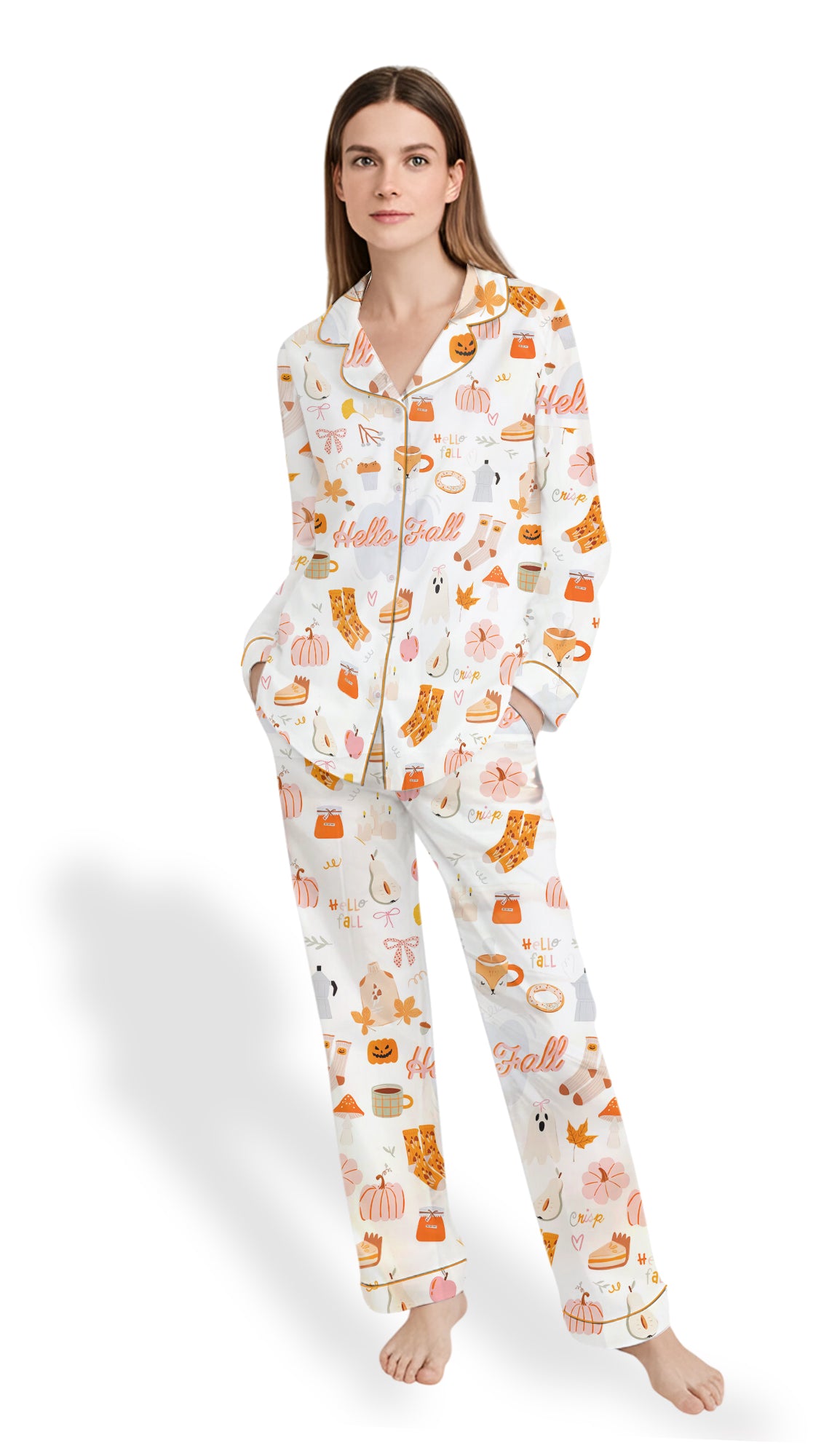 Women’s Fall Cozy Halloween Satin Pajama Set – Pumpkin Spice & Ghost Print