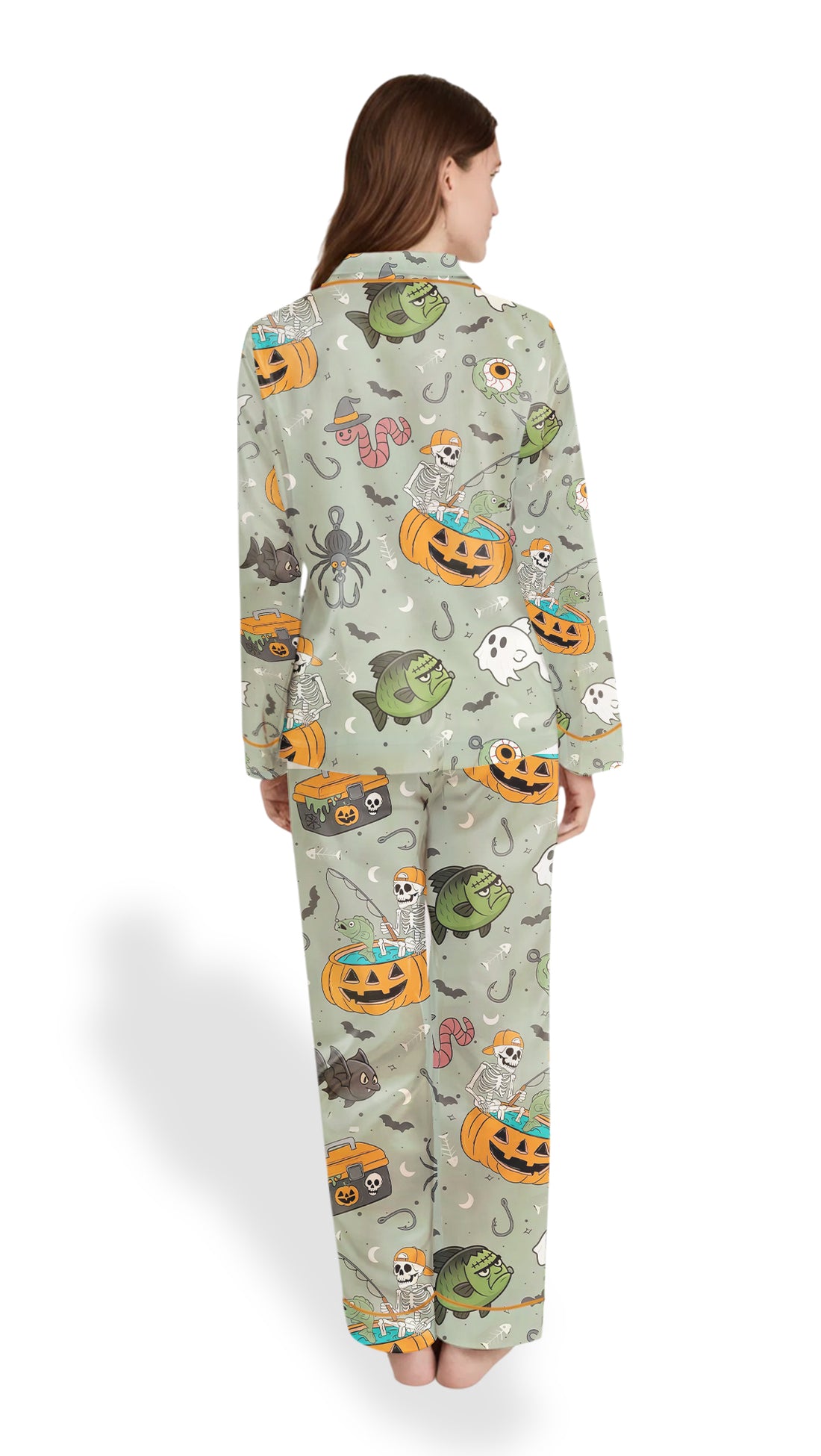Halloween Fishing Skeleton Pajamas, Women’s Satin Long Sleeve PJ Set