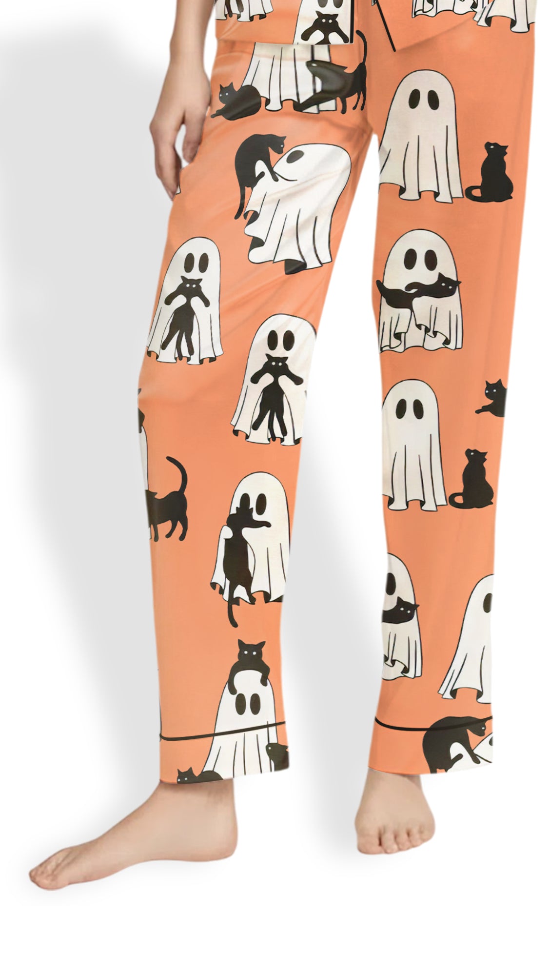 Halloween Ghost Pajama Set – Women’s Retro Ghost Cat Satin PJs