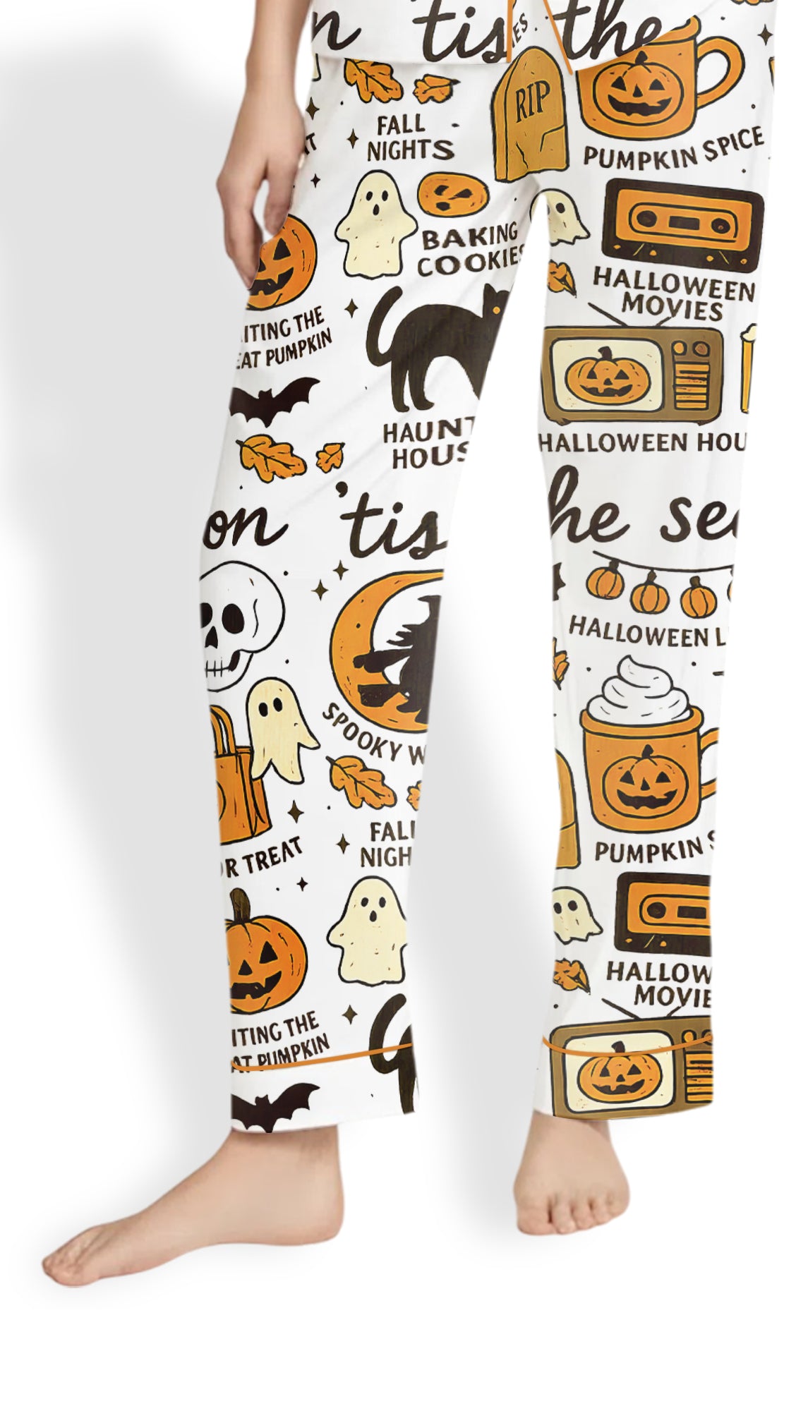 Retro Ghost Pajama Set – Women’s Satin Halloween Sleepwear, Boho Autumn PJs