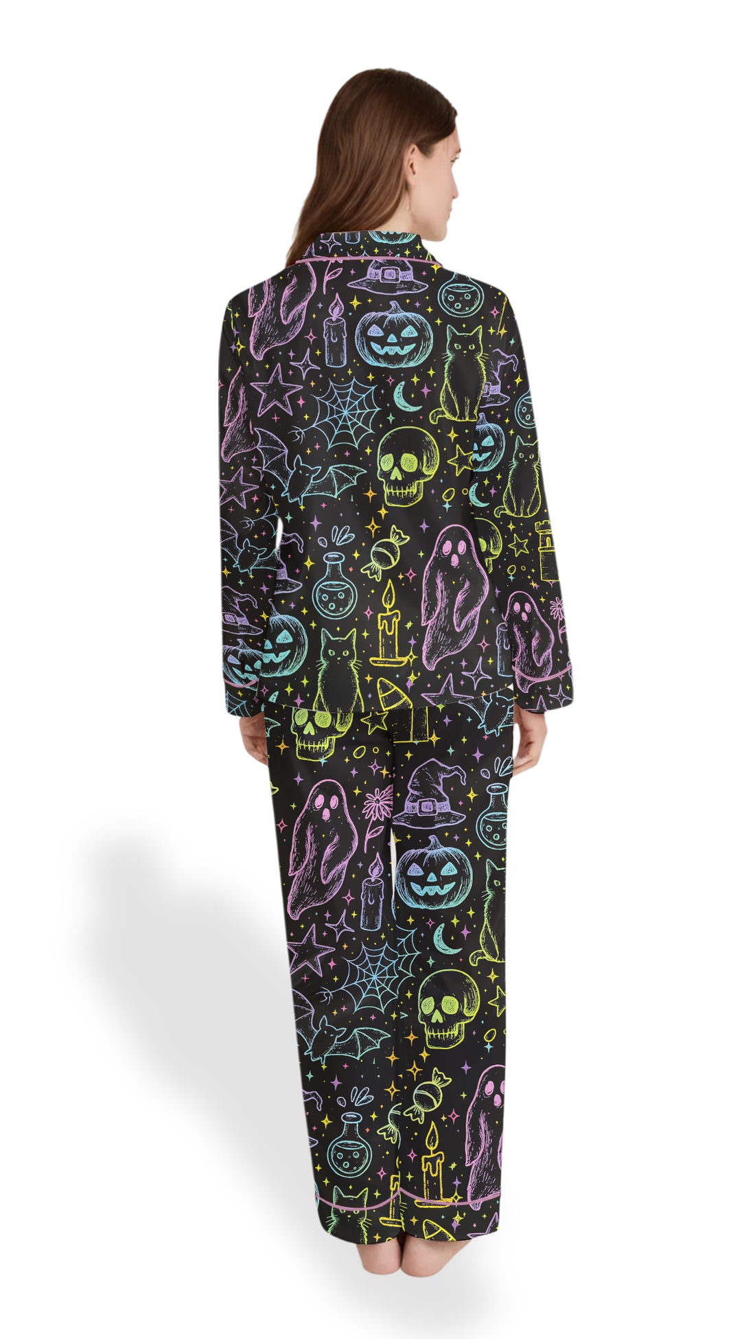 Women’s Halloween Neon Boo Ghost Pajama Set-Coquette Spooky Season Horror Movie Horror Night