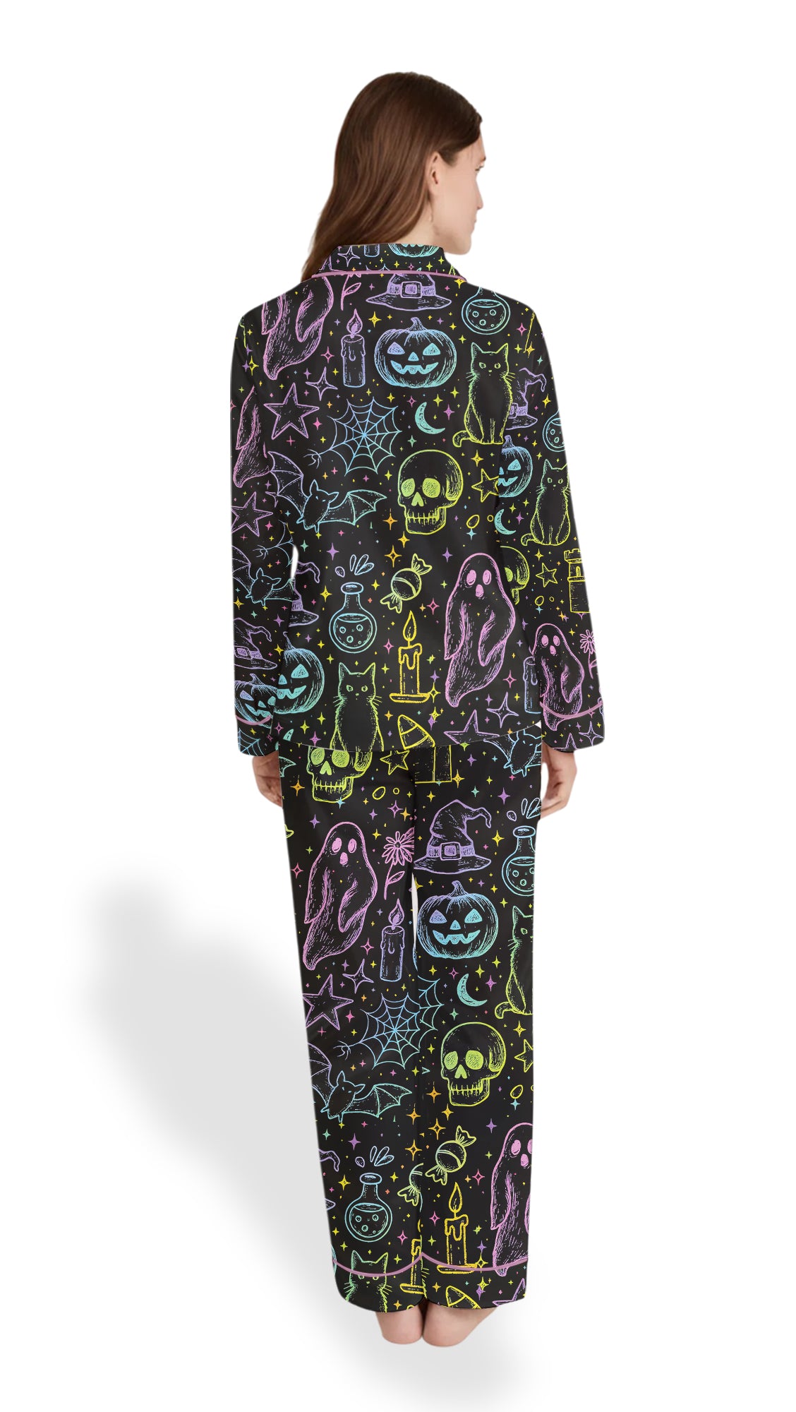 Women’s Halloween Neon Boo Ghost Pajama Set-Coquette Spooky Season Horror Movie Horror Night