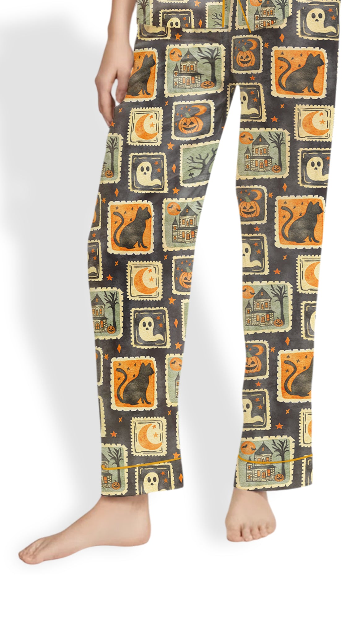 Women’s Watercolor Halloween Pajama Set – Ghost, Black Cat & Haunted House Satin PJs