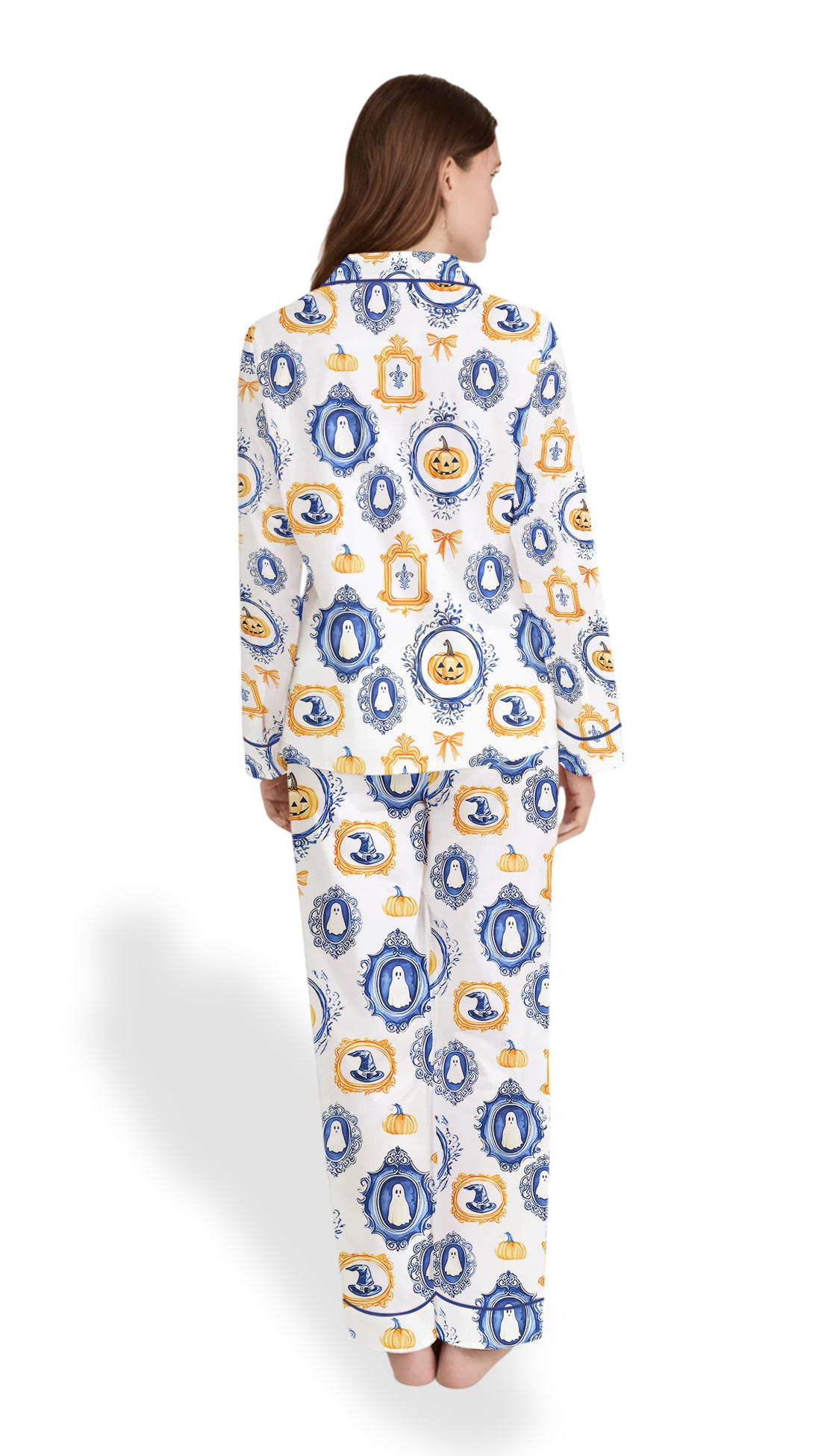 Women’s Autumn Halloween Satin Pajama Set – Pumpkin Spice & Ghost Print Short Sleeve PJs