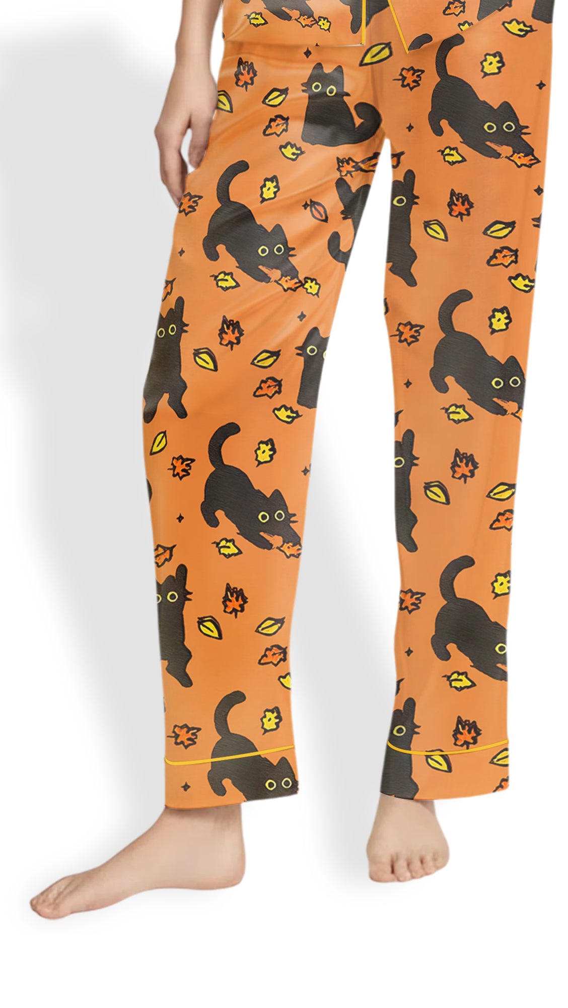 Women’s Black Cat Fall Halloween Satin Pajama Set