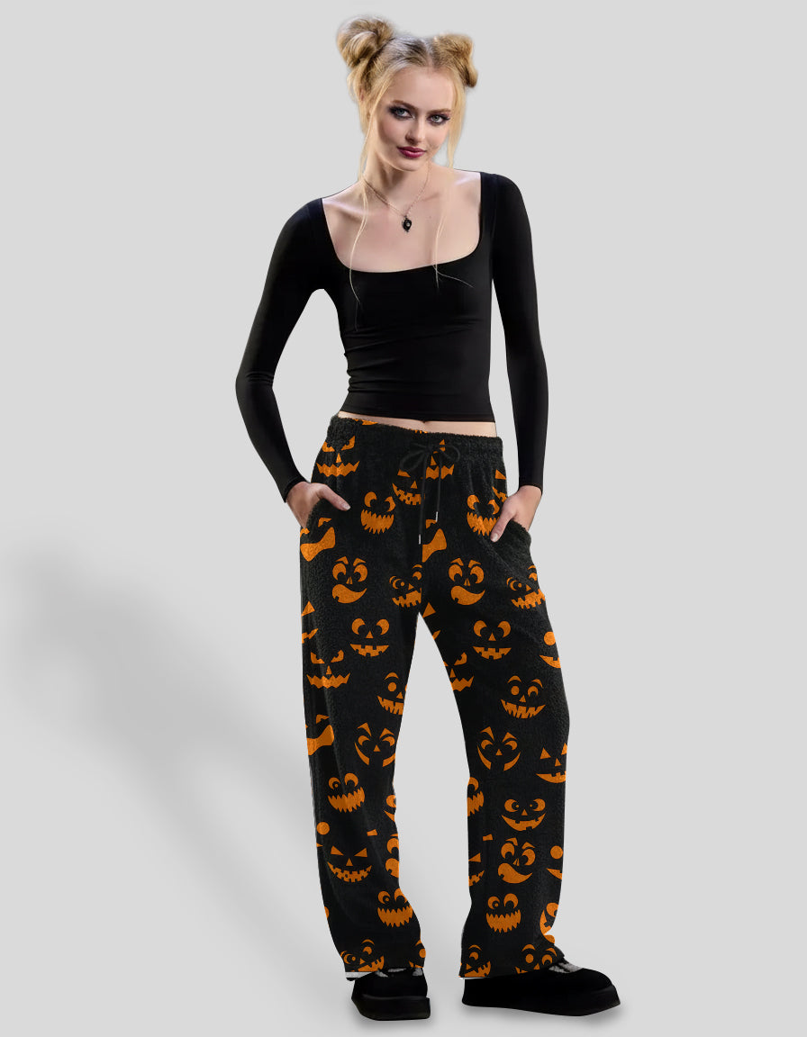 Halloween Pumpkin Face Print Wide Leg Pants
