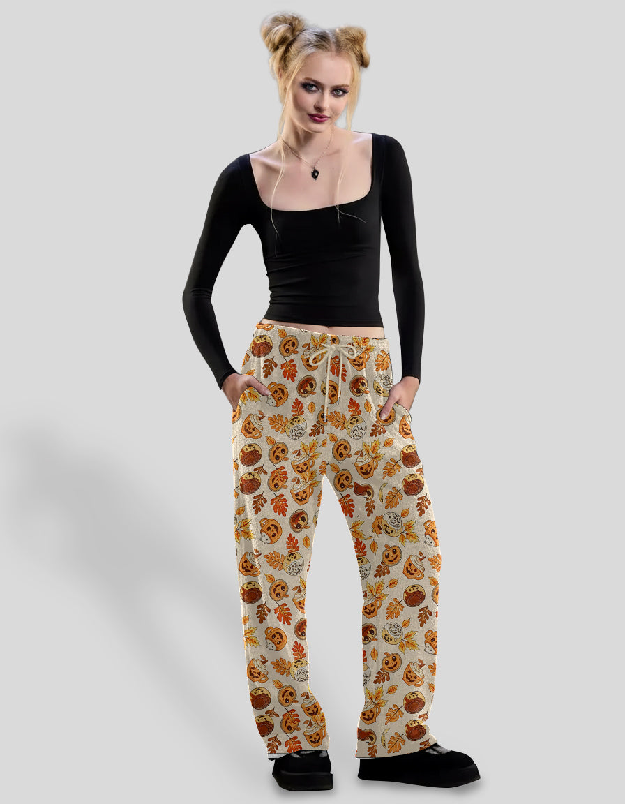 Halloween Pumpkin Jack-O'-Lantern Wide Leg Lounge Pants – Spooky Fall Loungewear