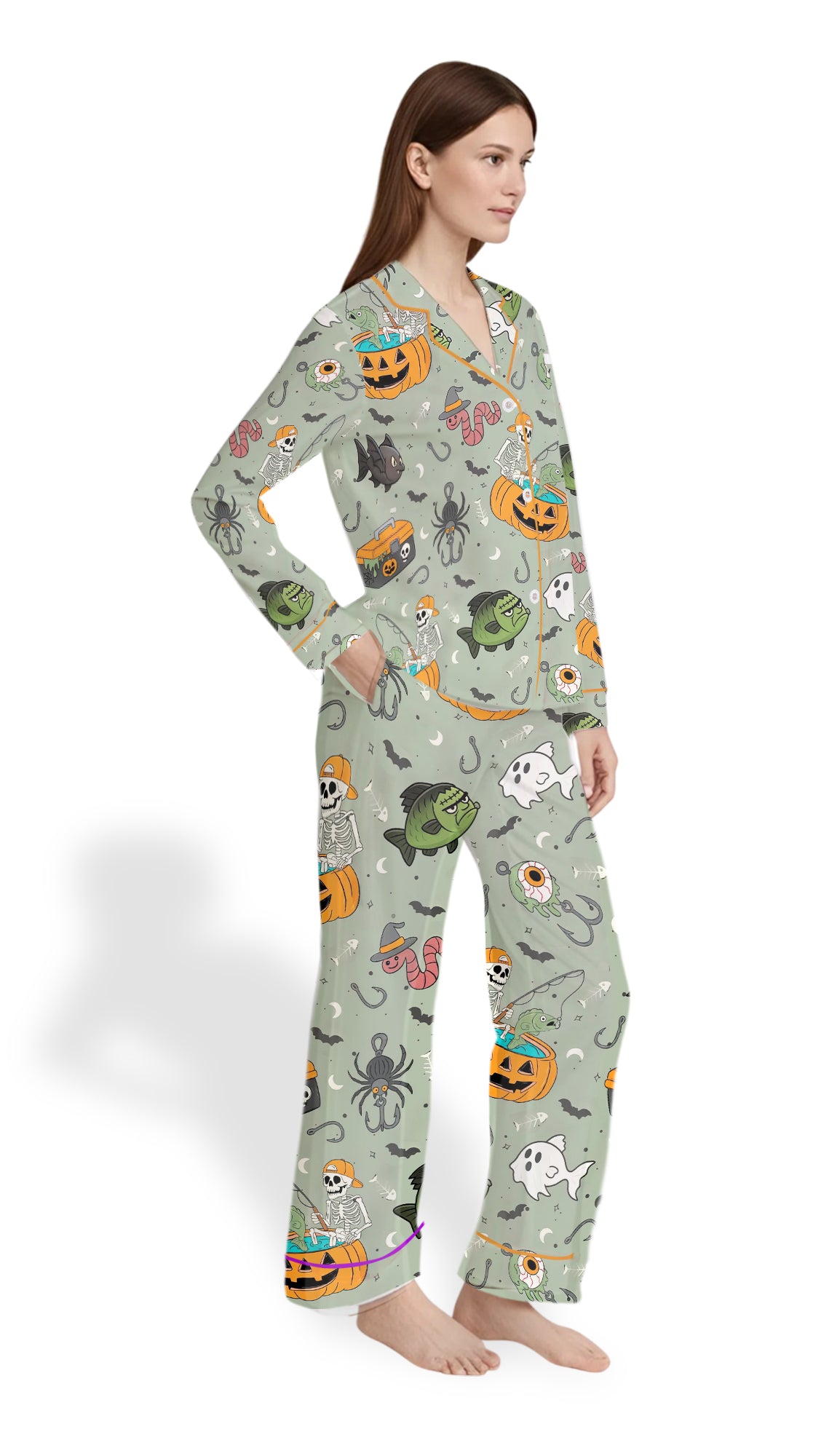 Halloween Fishing Skeleton Pajamas, Women’s Satin Long Sleeve PJ Set