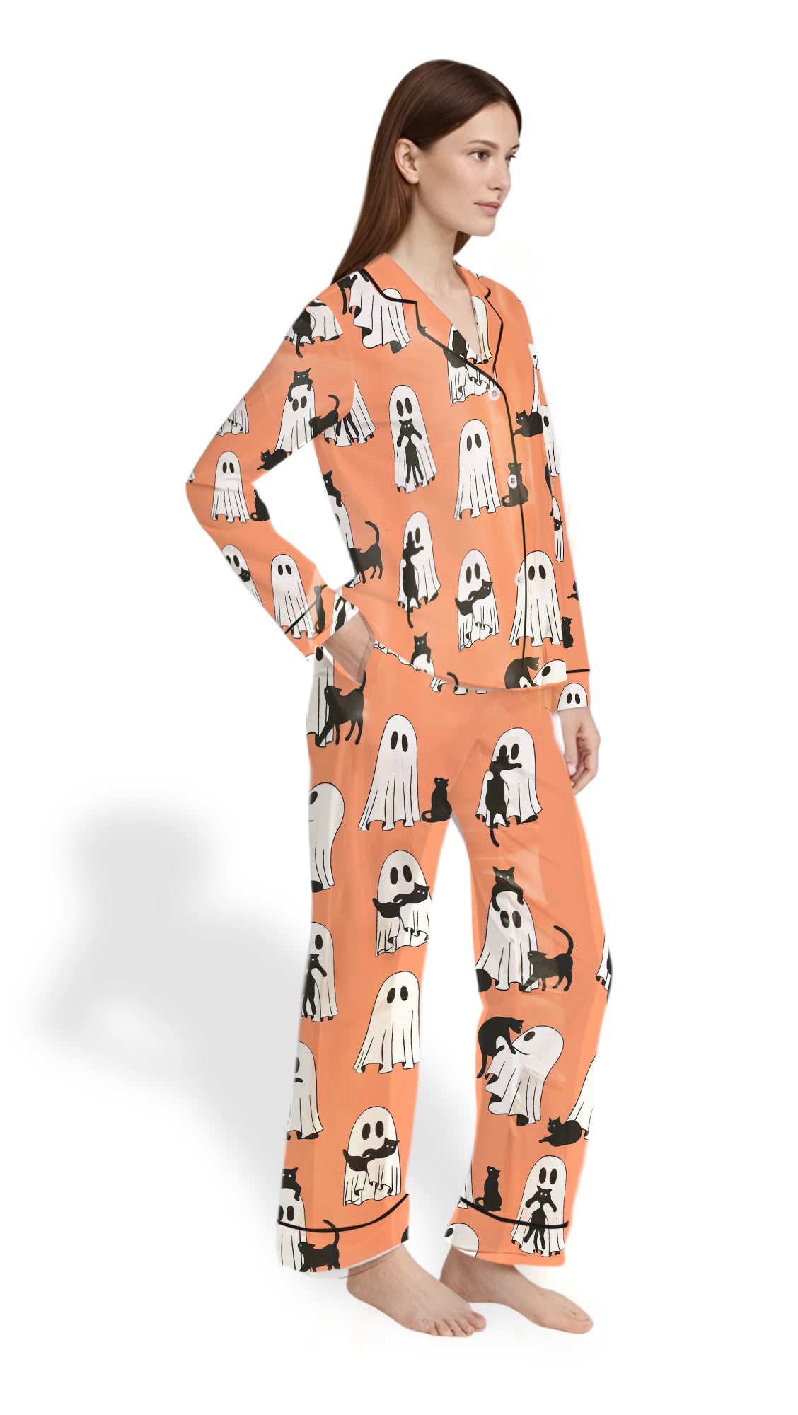 Halloween Ghost Pajama Set – Women’s Retro Ghost Cat Satin PJs