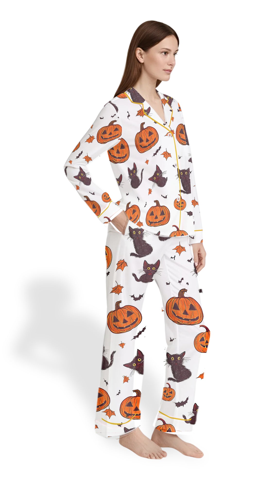 Women’s Satin Pajamas – Halloween Pumpkin Cat Sleepwear