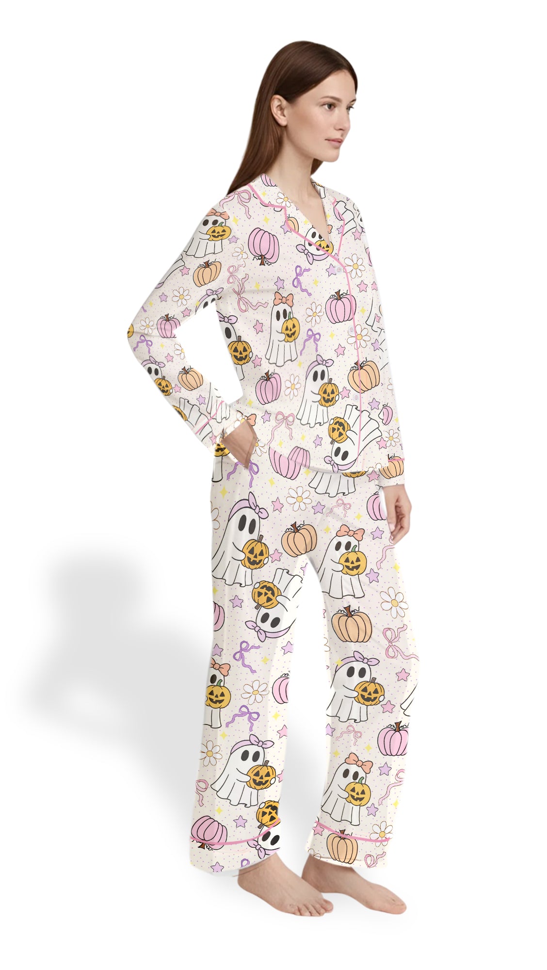 Women’s Halloween Pajama Set – Cute Ghosts & Pumpkins Satin PJs