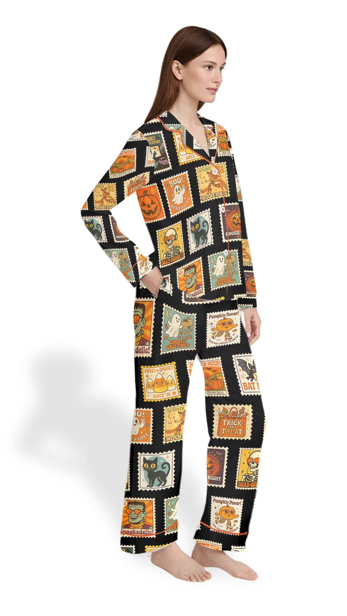 Women’s Vintage Halloween Postage Stamp Pajama Set – Spooky Pumpkins Satin Sleepwear