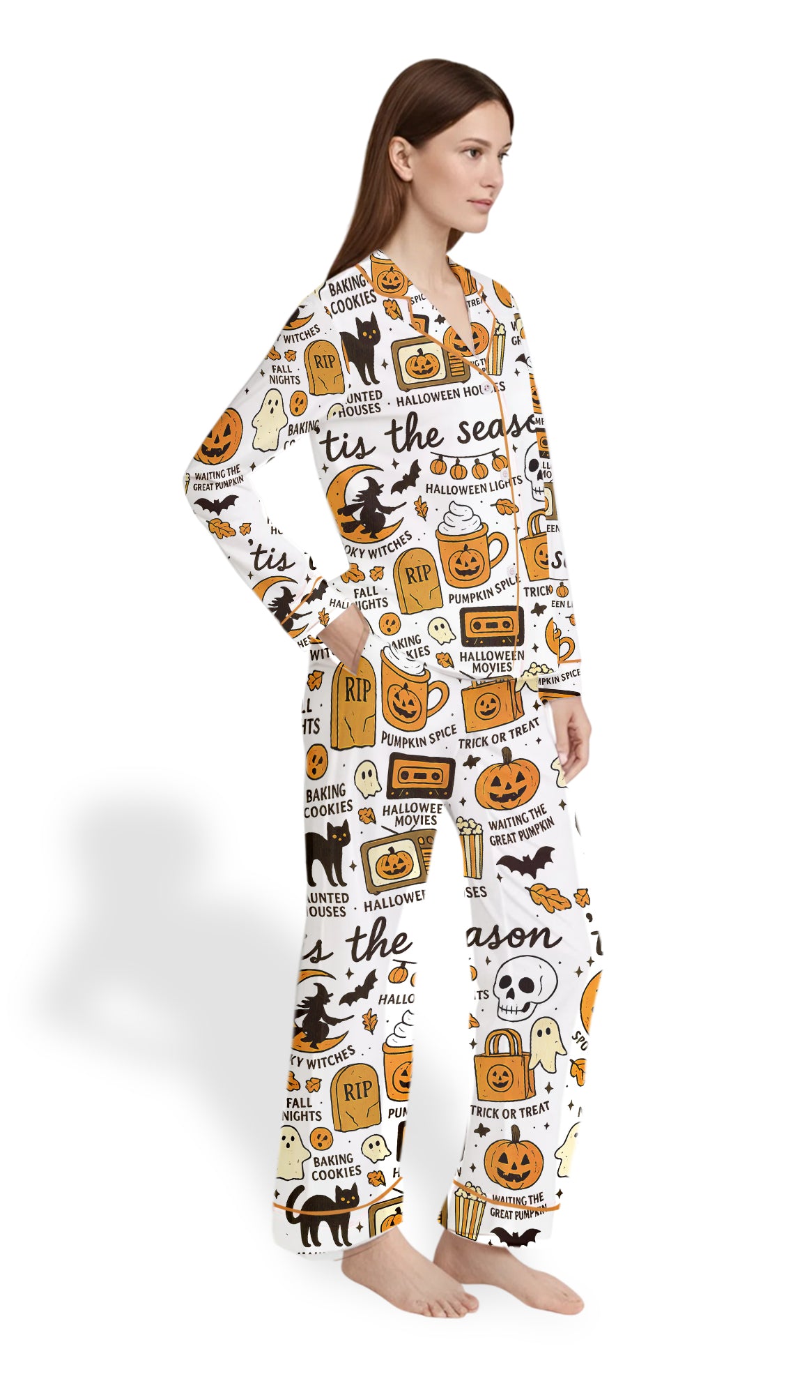 Retro Ghost Pajama Set – Women’s Satin Halloween Sleepwear, Boho Autumn PJs