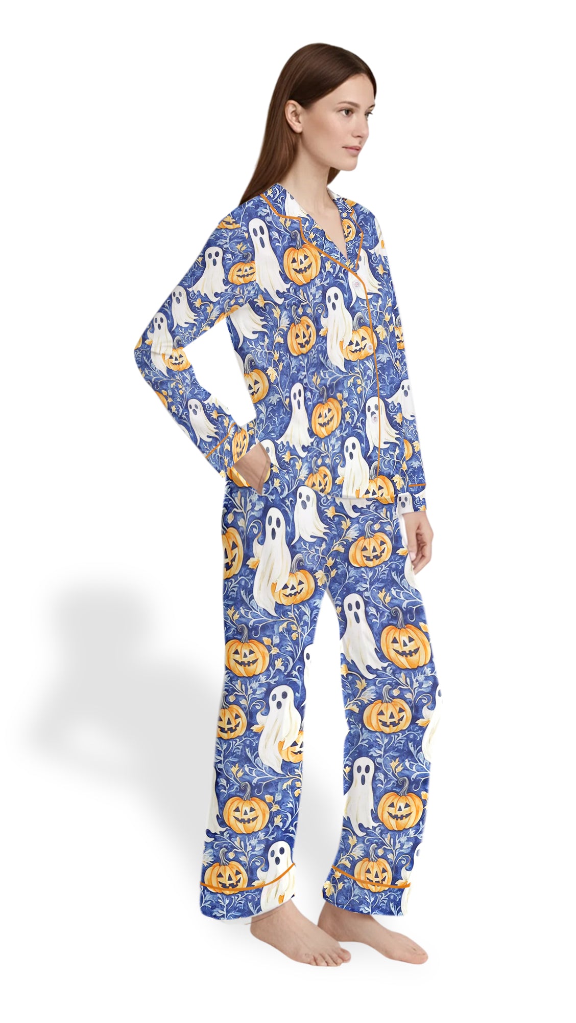 Women’s Ghost & Pumpkin Pajama Set – Preppy Halloween Satin Sleepwear