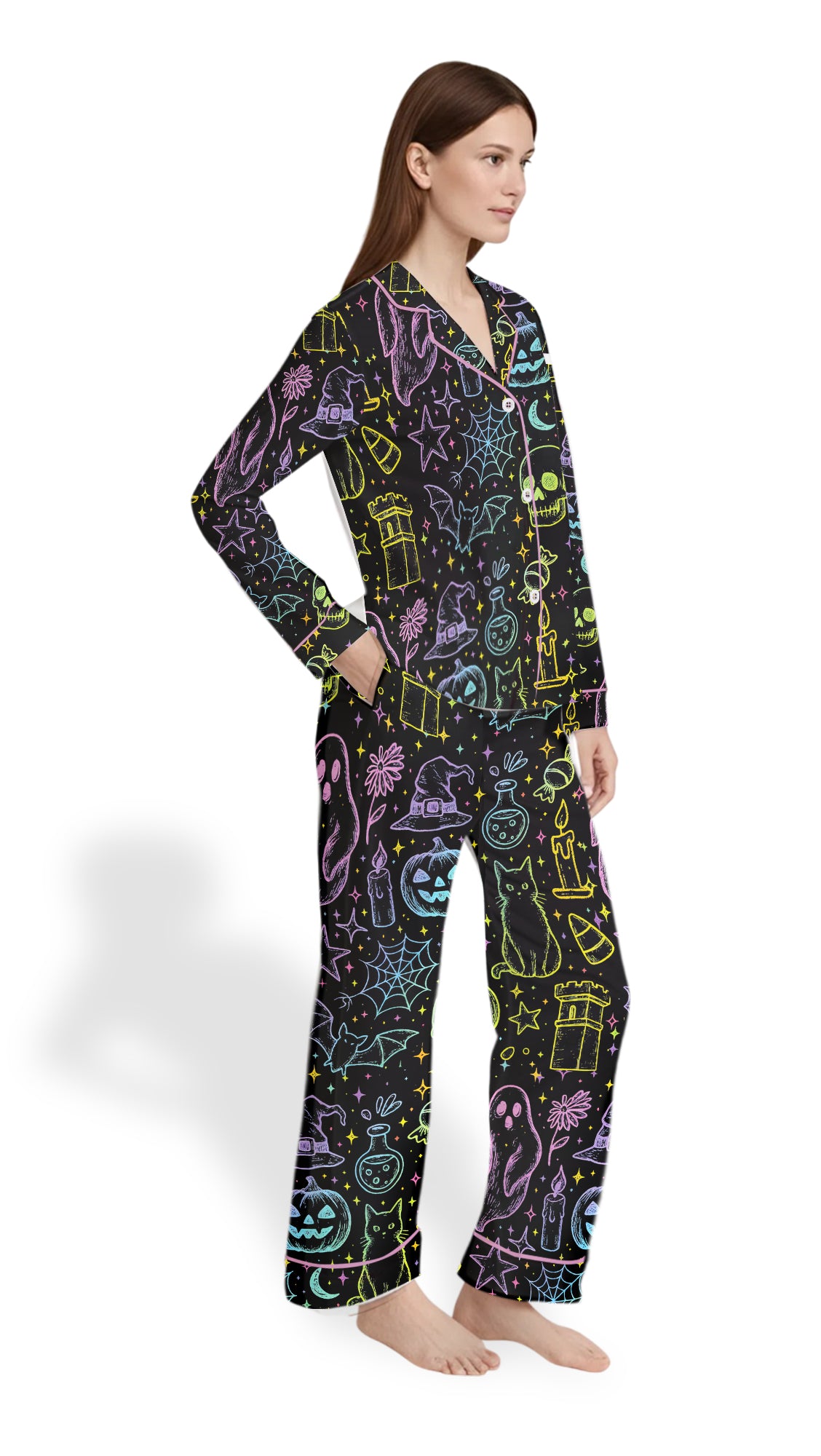 Women’s Halloween Neon Boo Ghost Pajama Set-Coquette Spooky Season Horror Movie Horror Night