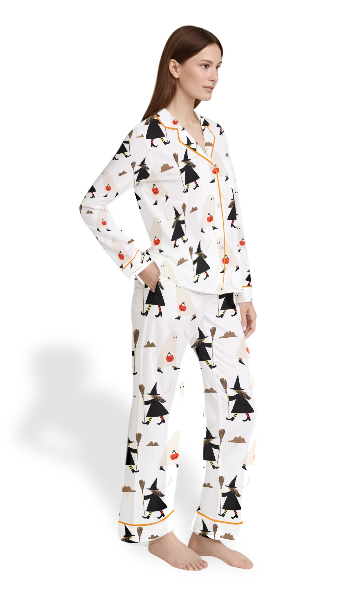 Women’s Halloween Pajama Set – Witch with Broom & Ghost with Pumpkin Satin PJs