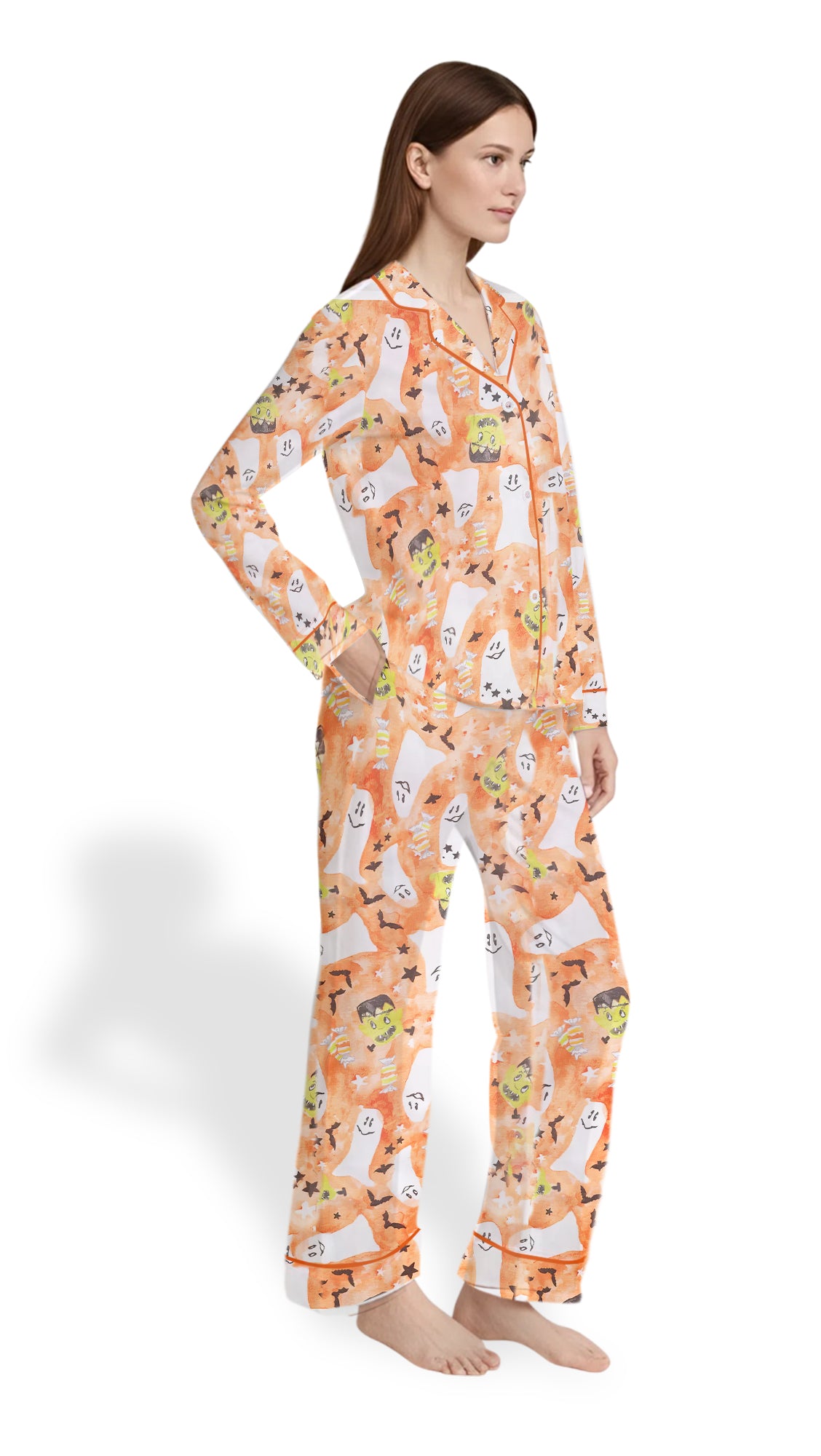 Starry Ghost Spooky Halloween Cute Ghost Aesthetics Pastel Halloween Print Satin Pajama Set