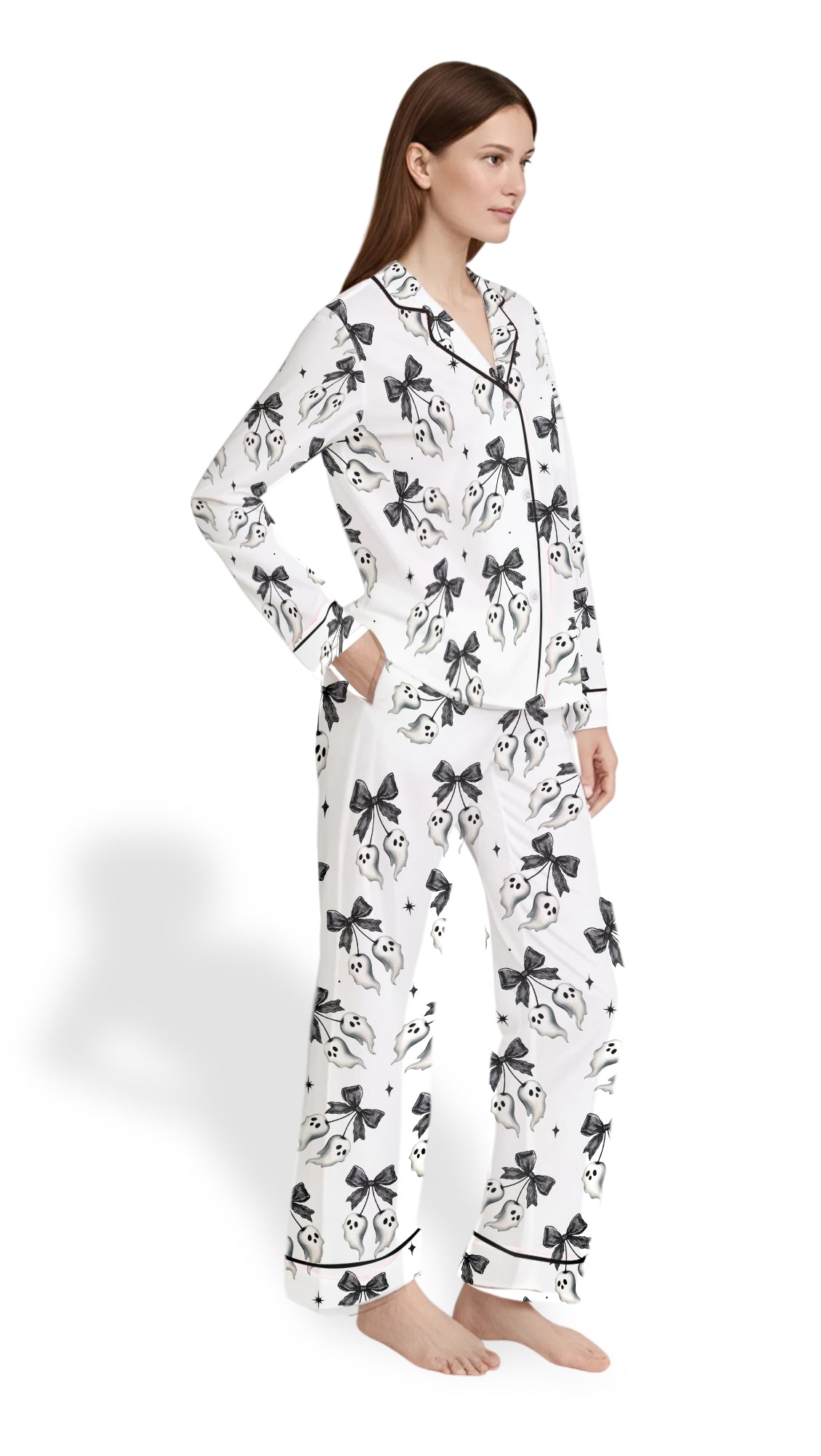 Black Lace Ghost & Star Satin Pajama Set – Halloween PJs