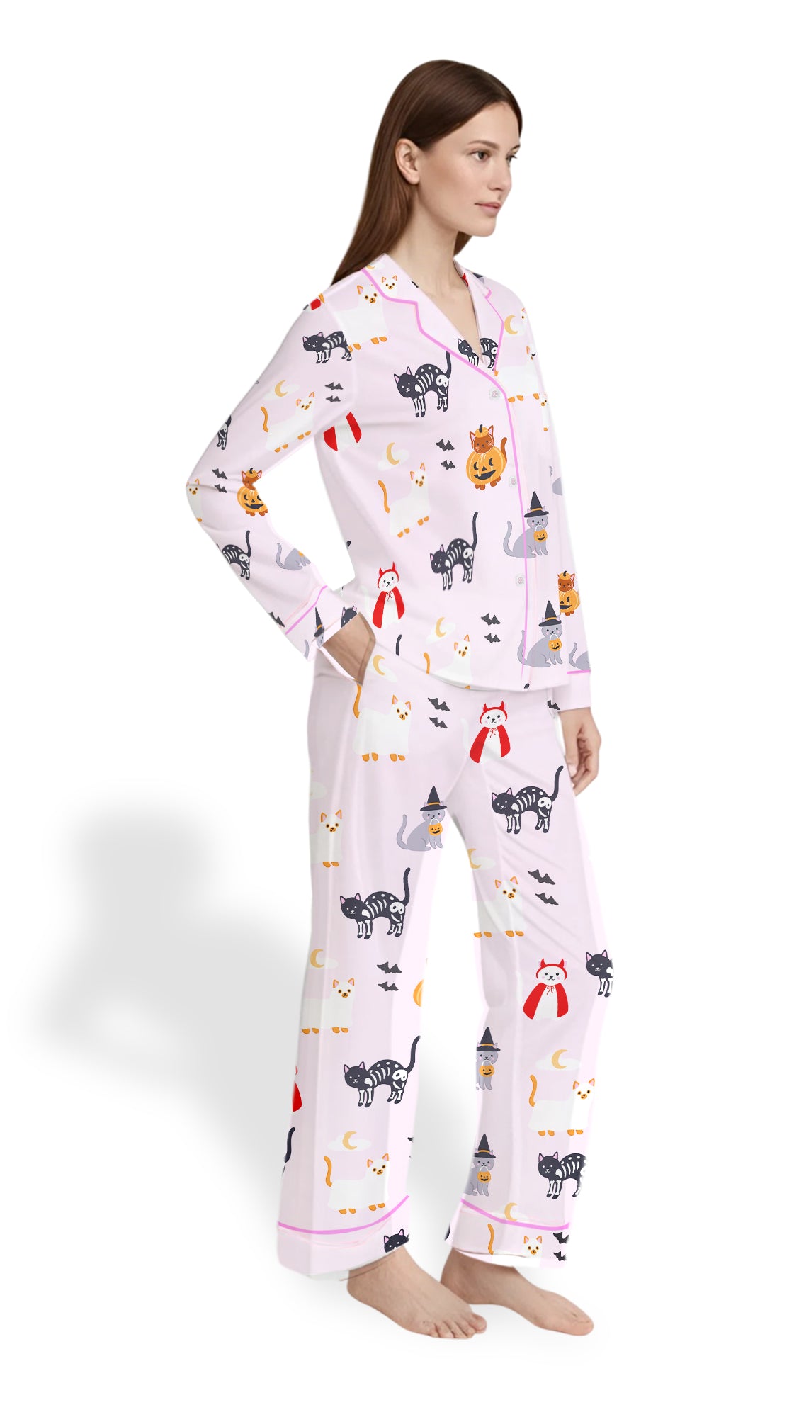 Lil Ghostie Cat & Pumpkin Satin Pajama Set – Halloween PJs