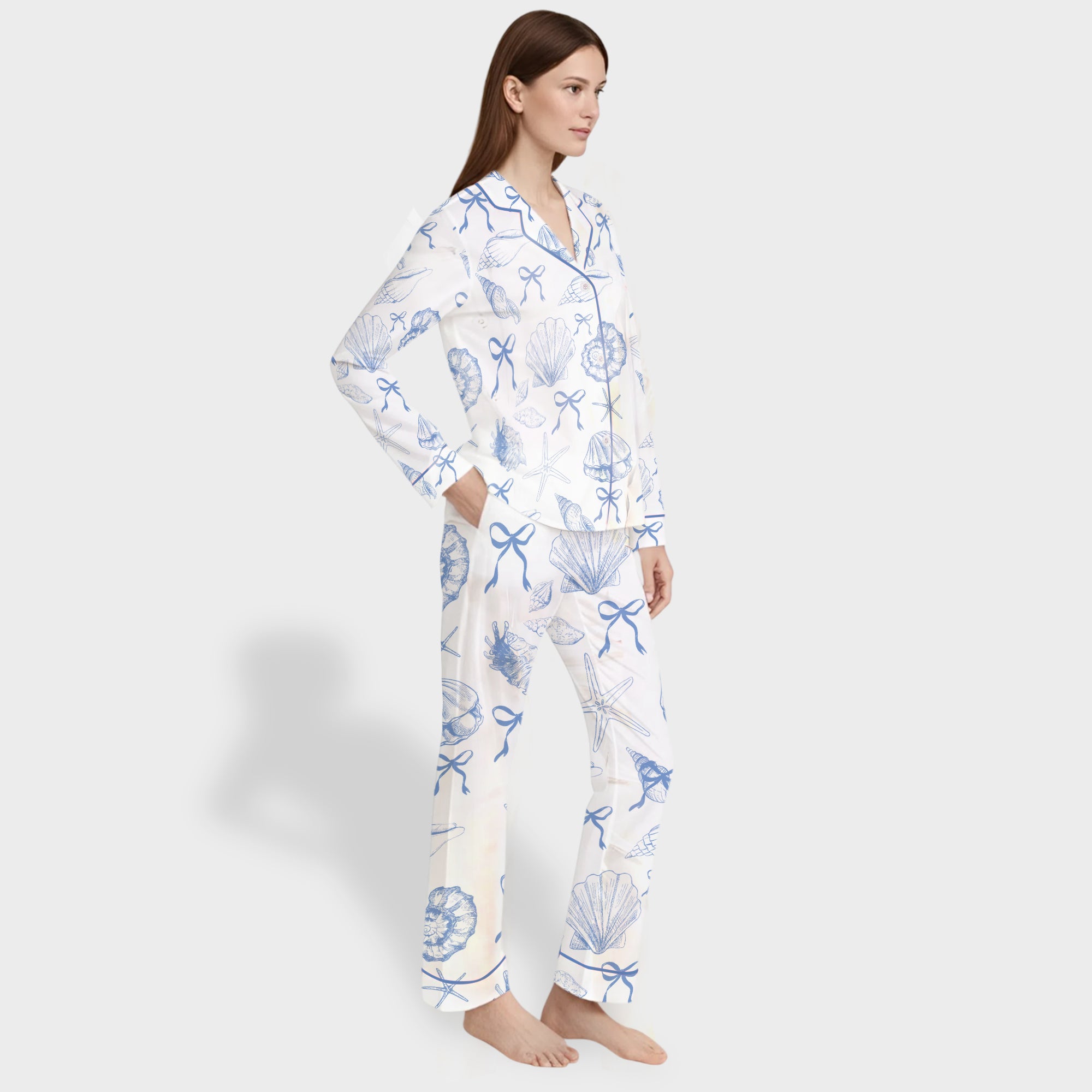 Coquette Seashell Coastal Satin Pajama Set – Women’s Beachy Summer Short Sleeve PJs