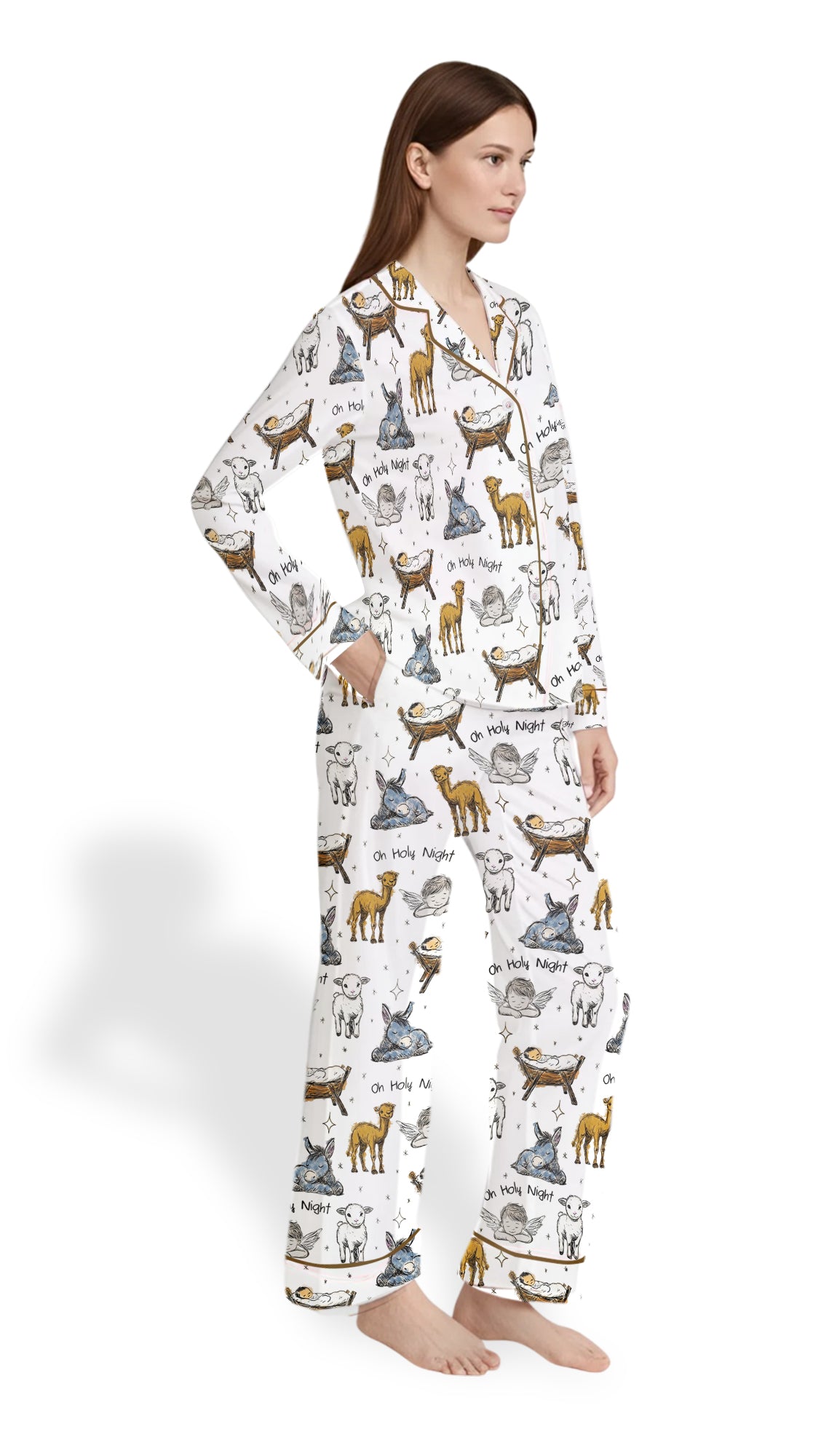 Women’s Baby Jesus Christmas Satin Pajama Set – Manger & Animals PJs