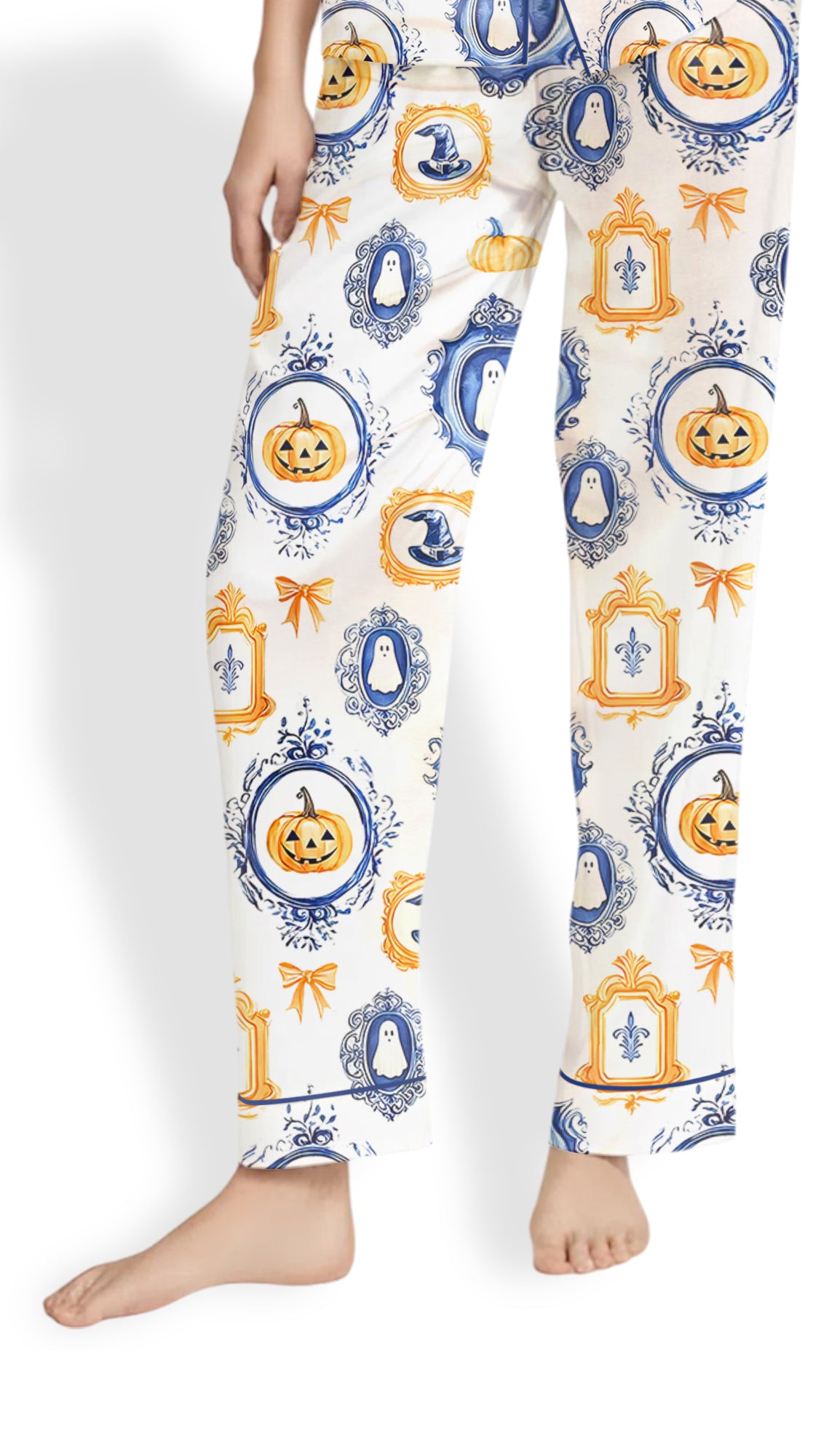 Women’s Autumn Halloween Satin Pajama Set – Pumpkin Spice & Ghost Print Short Sleeve PJs