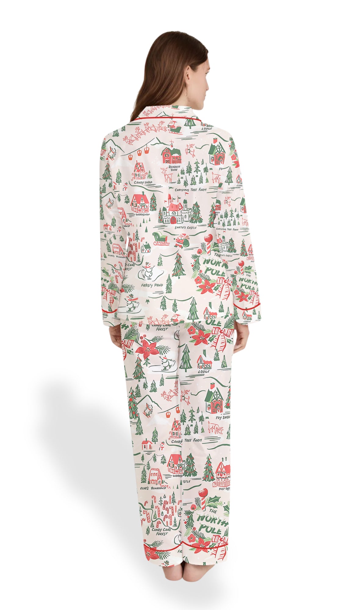North Pole Village Map Christmas Satin Pajama Set – Retro Holiday PJs