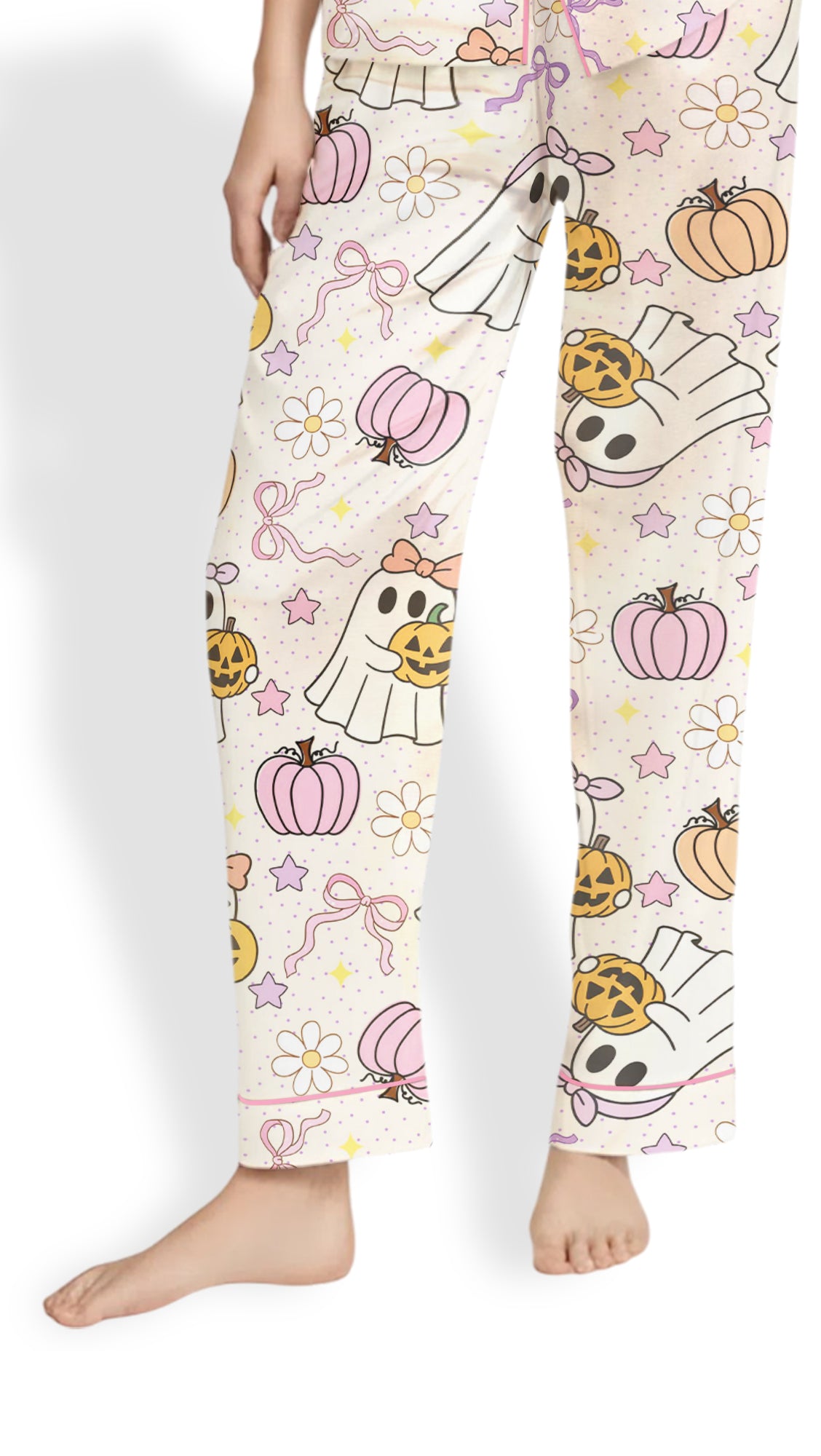 Women’s Halloween Pajama Set – Cute Ghosts & Pumpkins Satin PJs