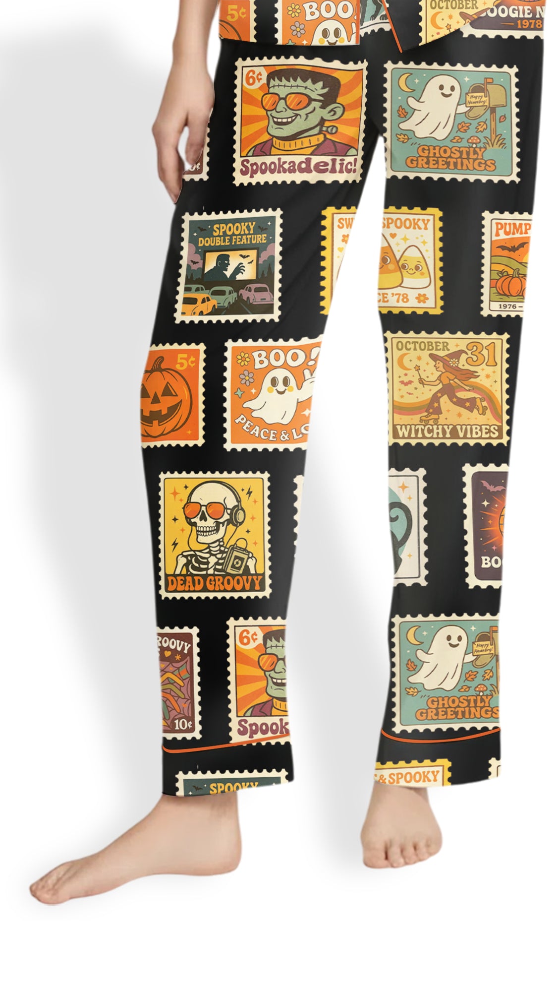 Women’s Vintage Halloween Postage Stamp Pajama Set – Spooky Pumpkins Satin Sleepwear