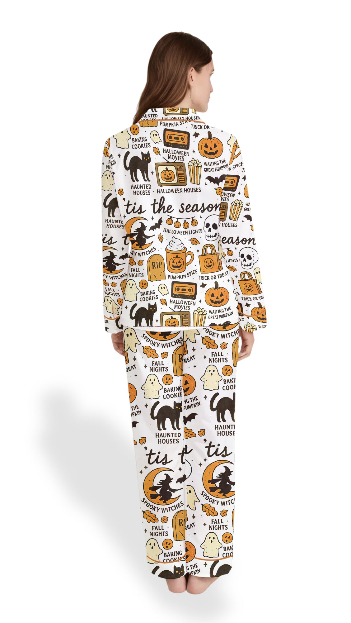 Retro Ghost Pajama Set – Women’s Satin Halloween Sleepwear, Boho Autumn PJs