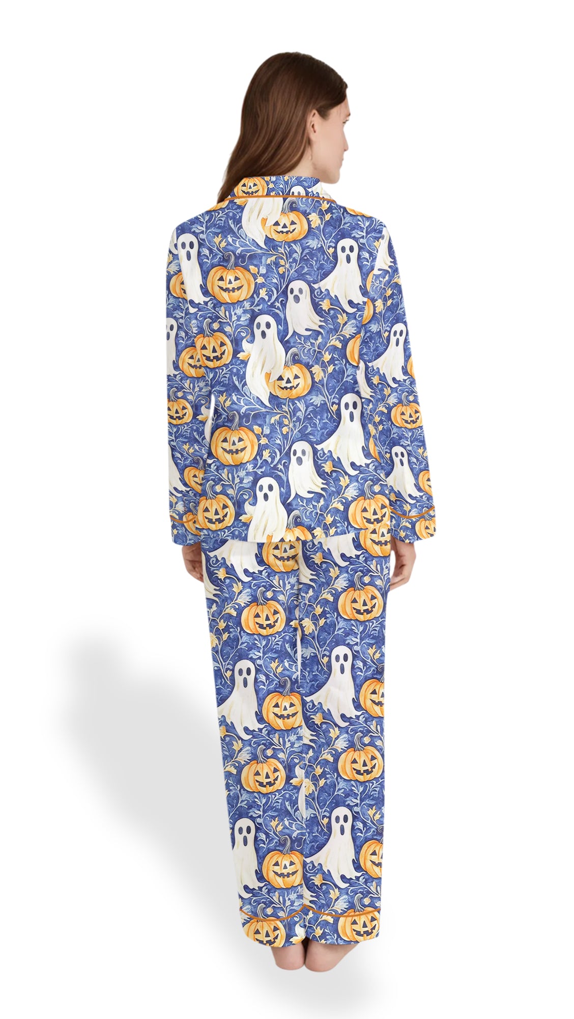 Women’s Ghost & Pumpkin Pajama Set – Preppy Halloween Satin Sleepwear
