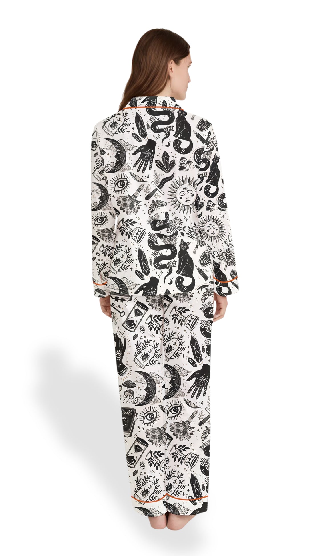 Women’s Witchy Things Pajama Set – Black & White Halloween Cat Satin PJs