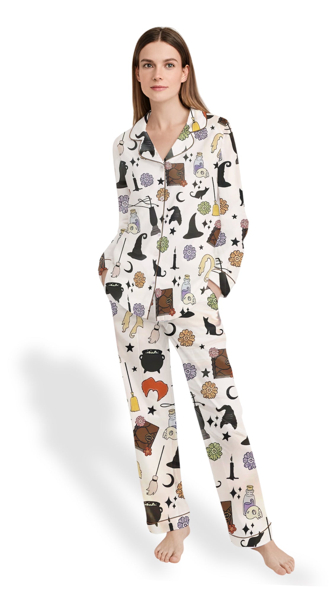 Women’s Halloween Witches & Black Cat Satin Pajama Set