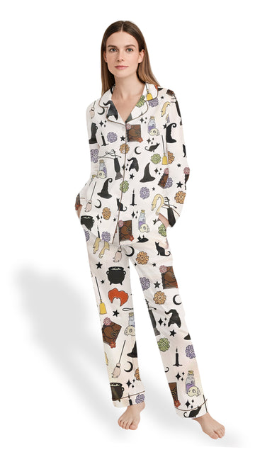 Women’s Halloween Witches & Black Cat Satin Pajama Set