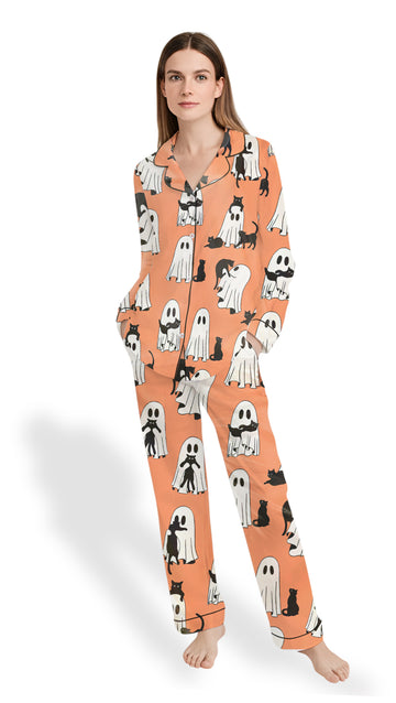 Halloween Ghost Pajama Set – Women’s Retro Ghost Cat Satin PJs