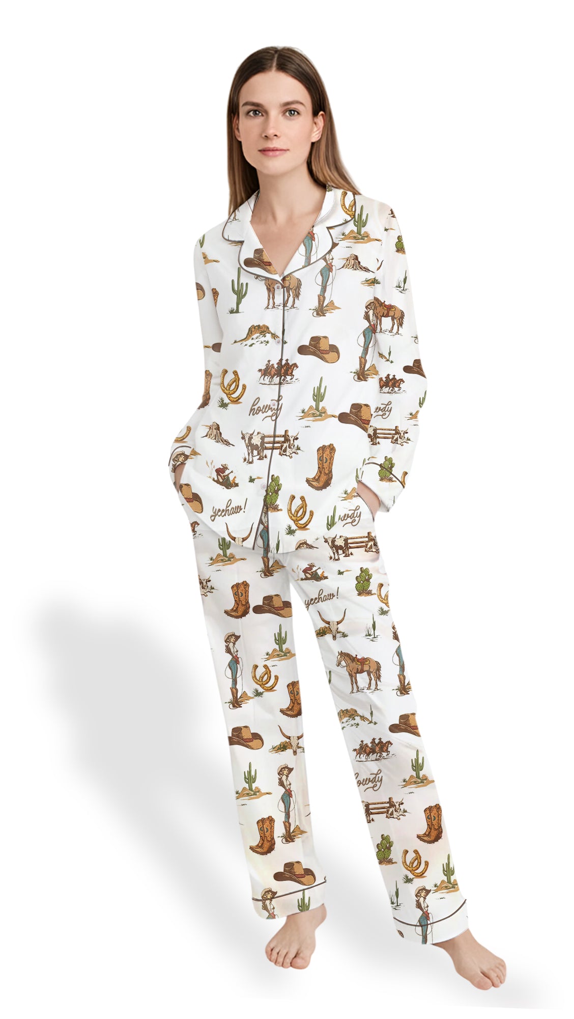 Women’s Rustic Americana Cowboy Satin Pajama Set – Vintage Western PJs