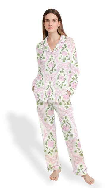 Pink Pumpkin & Bow Trellis Satin Sleepwear- Women’s Fall Pajama Set