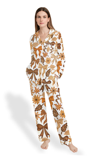 Coquette Bows Pajama Set – Women’s Fall Satin Autumn Sleepwear