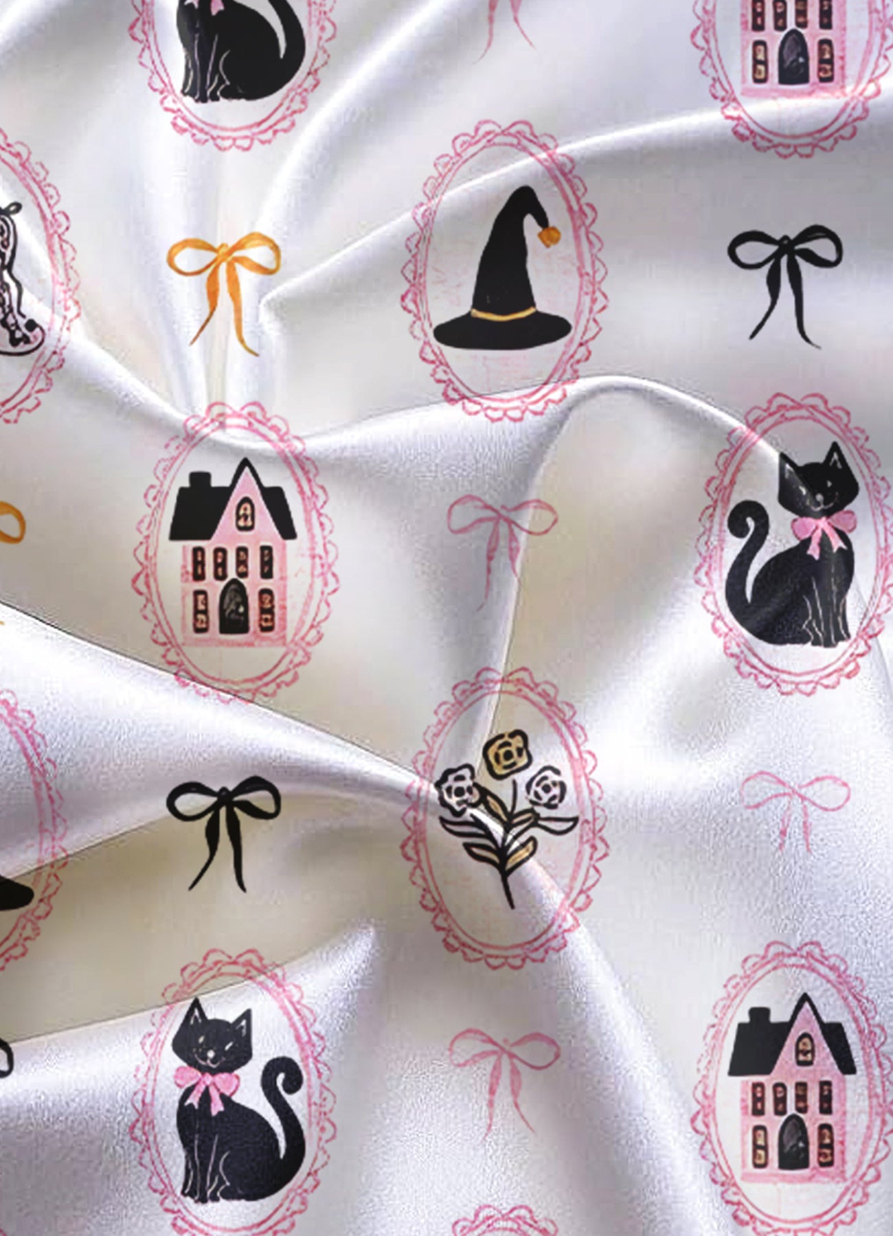 Cute Pink And Black Coquette Bow Halloween Black Cat Satin Pajama Set