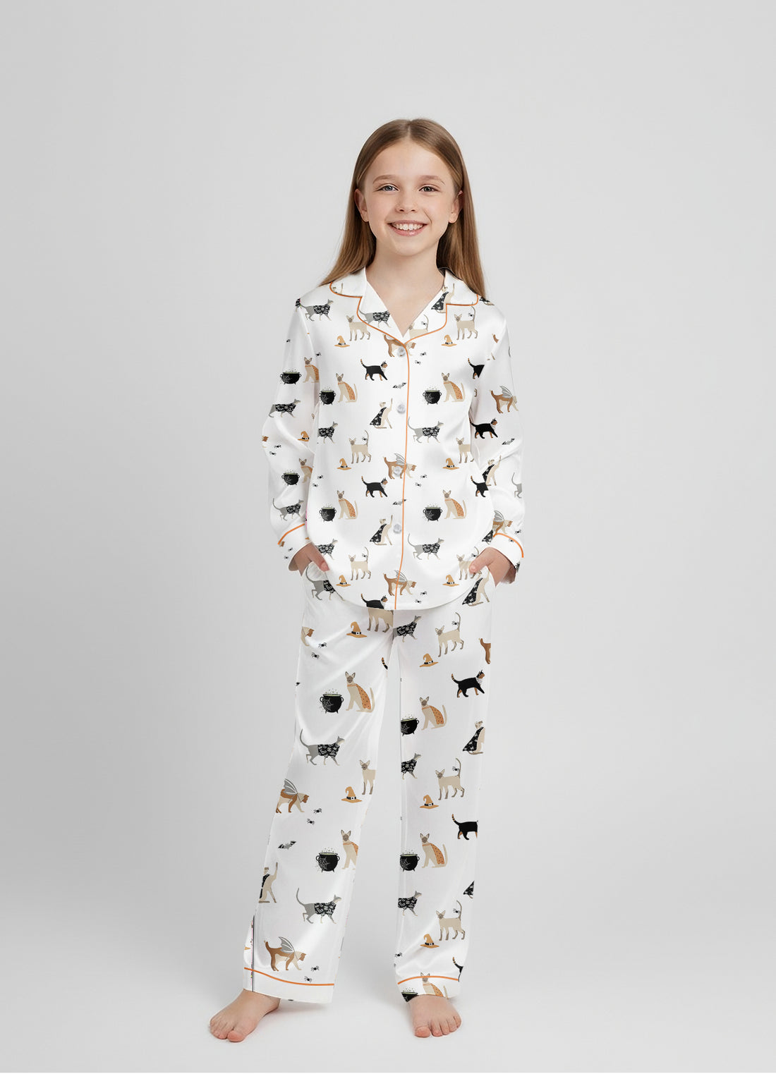 Women’s Halloween Cat Party Satin Pajama Set – Long Sleeve Matching PJs