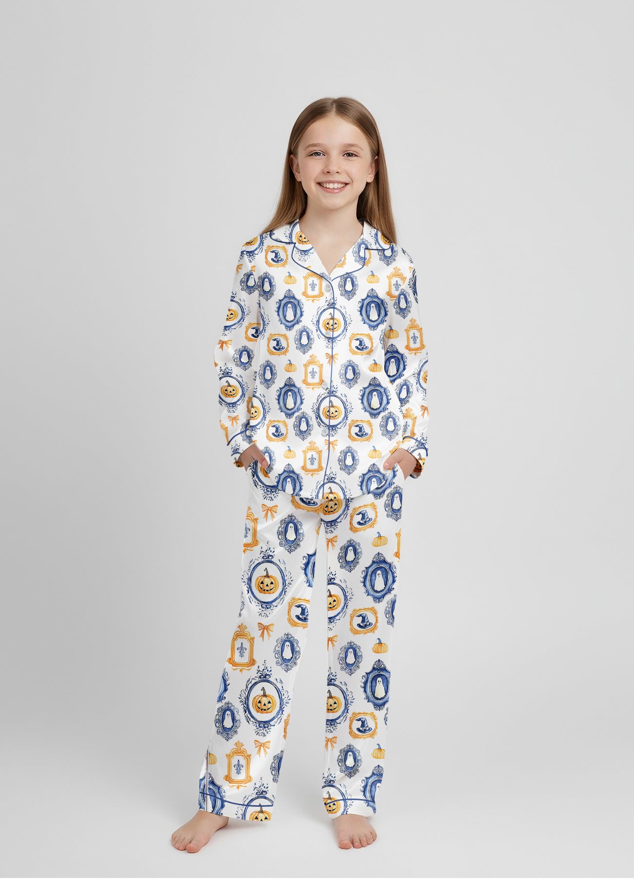 Autumn Pumpkin Spice Satin Pajama Set – Preppy Halloween Matching PJs